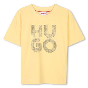 HUGO Playera para niña y adolescente, amarilla con aplicacón de piedras